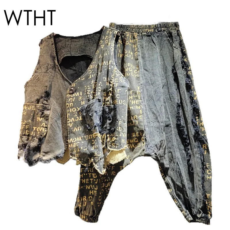 

WTHT Trendy Letter Print Burr Edge Design Loose V-neck Denim Vest 2025 Summer Fashion Elastic Waist Harem Jeans Female 1LS2306