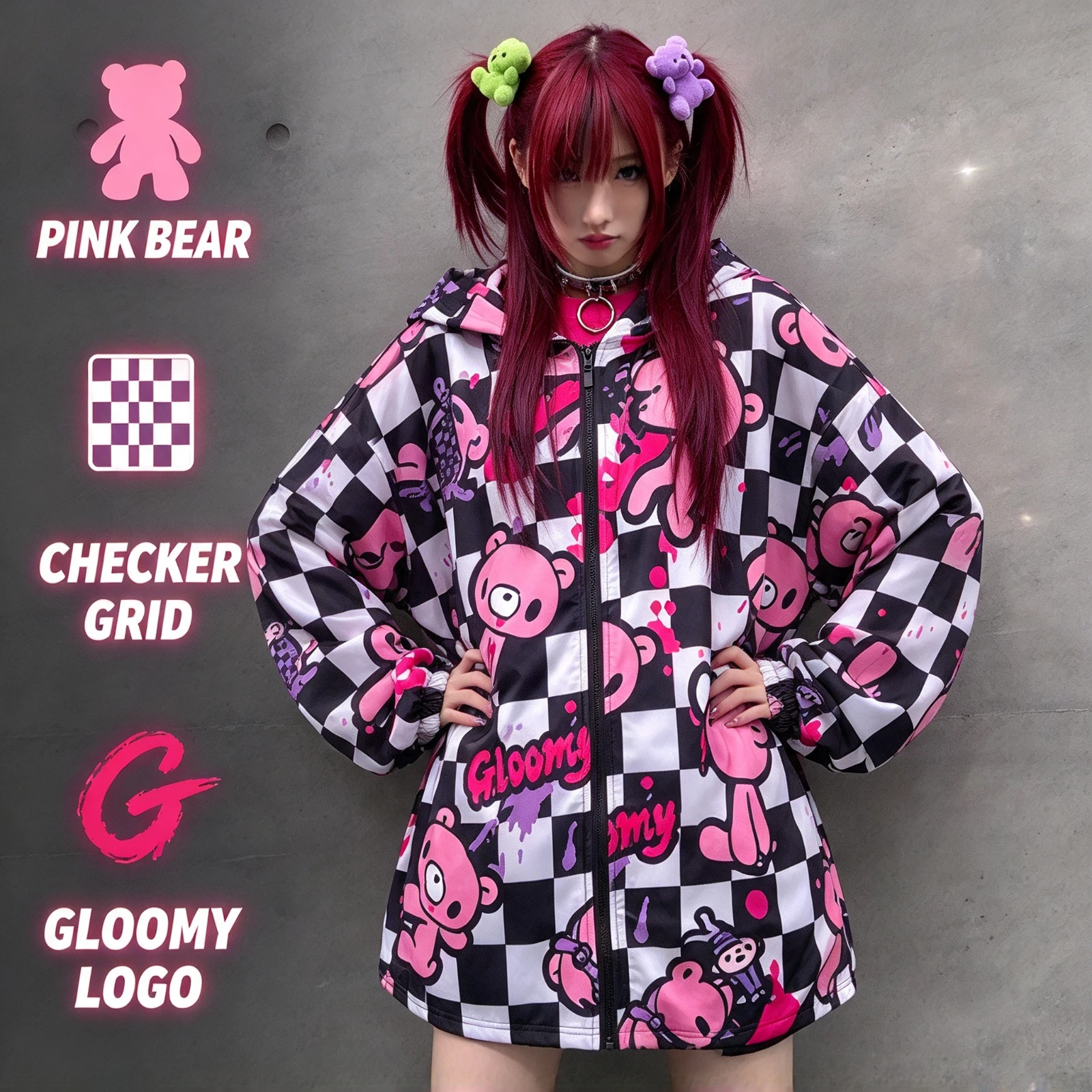 Pink Checkerboard Gloomyed Bear Hoodie Y2K, Streetwear Gothic Punk Zip Up, Jacket Oversized Harajuku Loose Coat, Women Tops Gift
