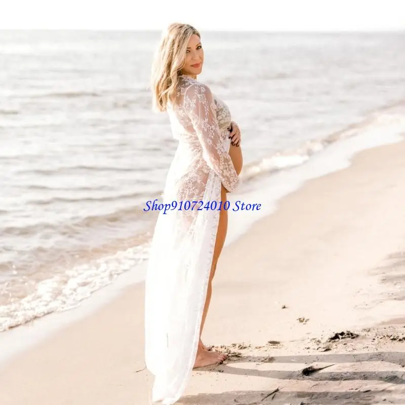 

77HD Photoshoot Ready Pregnancy Dress Breathable Stretch Waistband Elegant Floor Length Design Machine Washable Lace Dress
