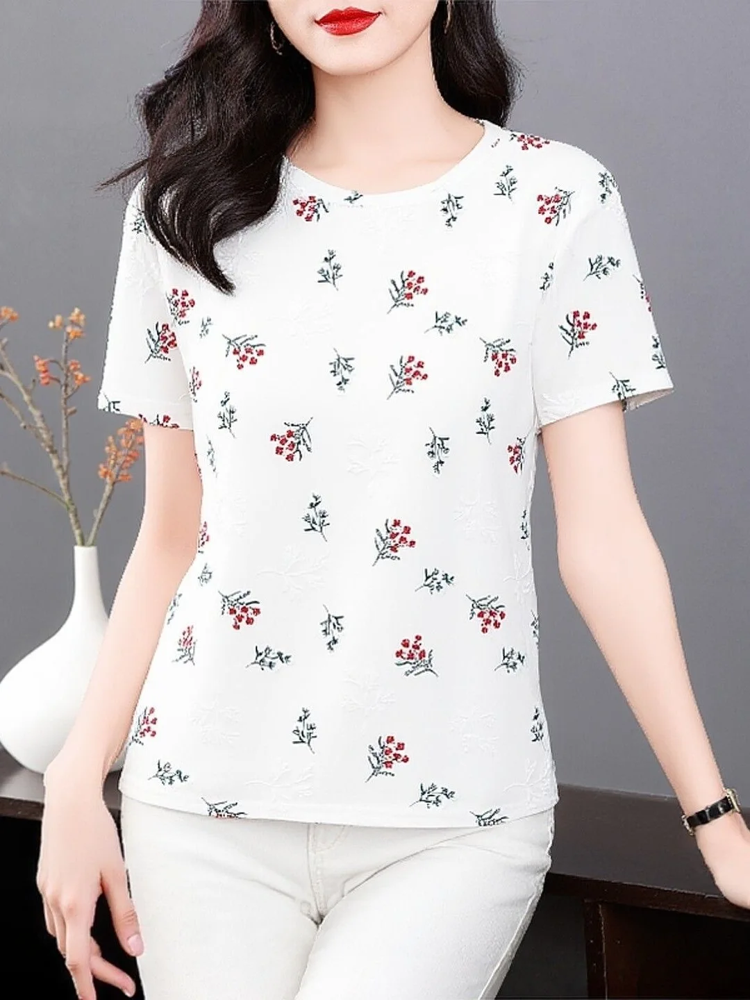 

Summer Mommy Style Short Sleeve Printed T-Shirt Women's Fashionable Age-Defying Versatile Top Polyester Fiber Loose Fit