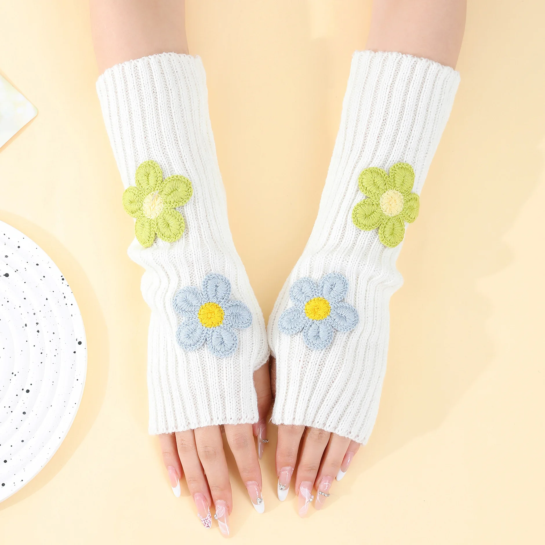 New Arrival Flower Gloves Women's College Style Pile Fingerless Y2k Sleeves Fall and Winterknitting Wool Warm Arm Sleeves