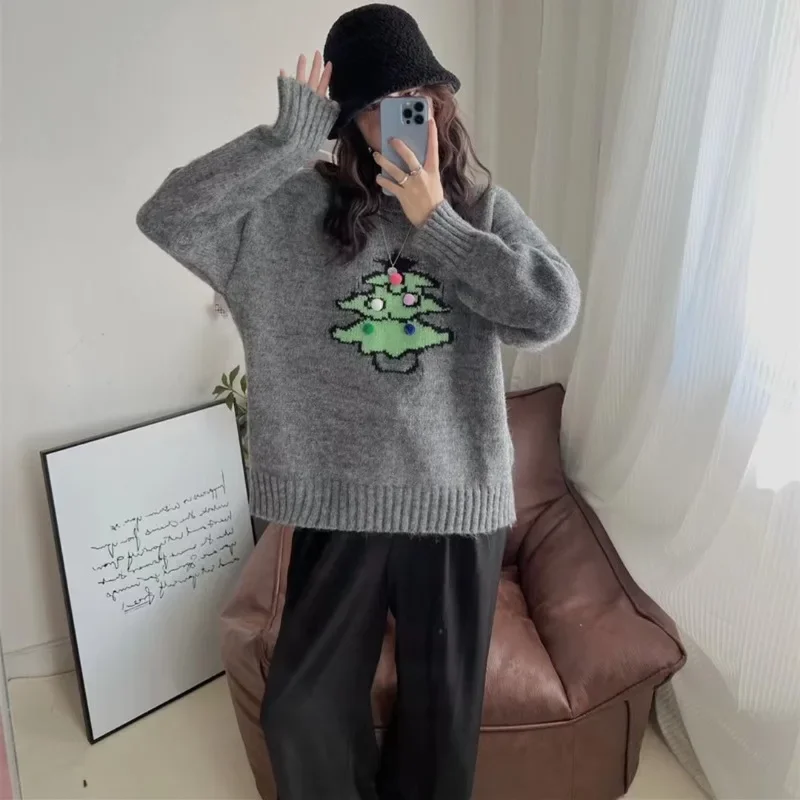 DAYIFUN-Women's Retro Christmas Tree Design Knitted Pullovers Loose Lazy Style Versatile Tops Autumn Winter Sweaters New Jumpers