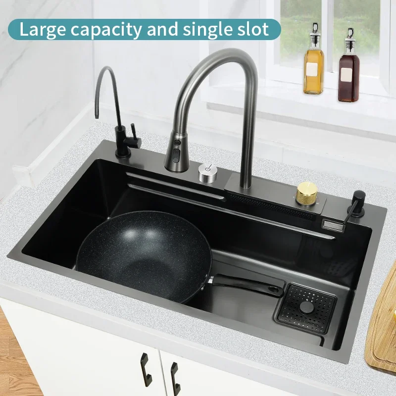 Luxury Waterfall Kitchen Sink Set Black Multifunctional Sink Countertop Four Holes Spray Faucet Stainless Steel