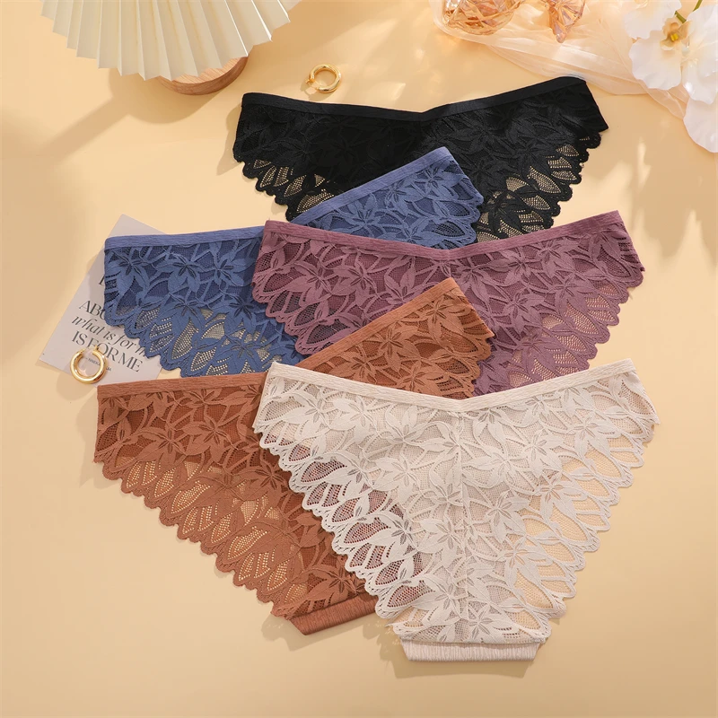 FINETOO 3Pcs Seamless Ultra-thin Underwear Women Lace Patchwork Briefs Sexy Hollow Out Comfortable Panties Solid Sports Lingerie