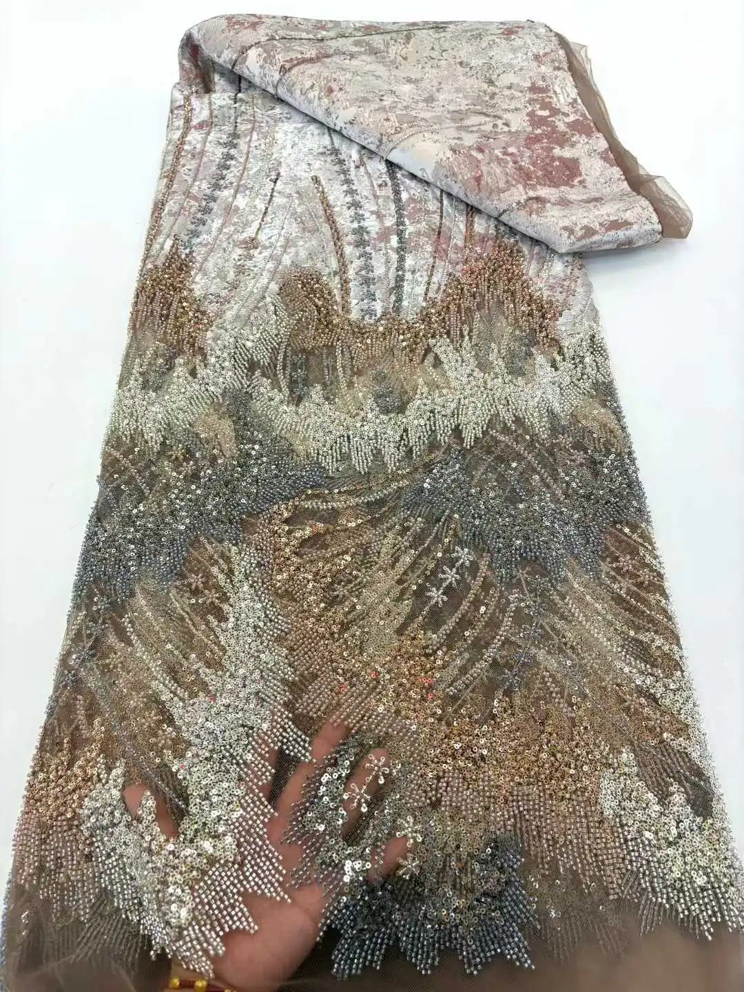 

High Quality Velvet Beaded Lace Fabric French Tulle Embroidery With African Sequins for Women's Wedding Dresses