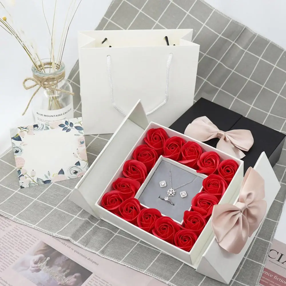 

Delicate Eternal Life Rose Box Magnetic Square Double Door Bowknot Design Valentine's Day Packaging Display Case Organizer