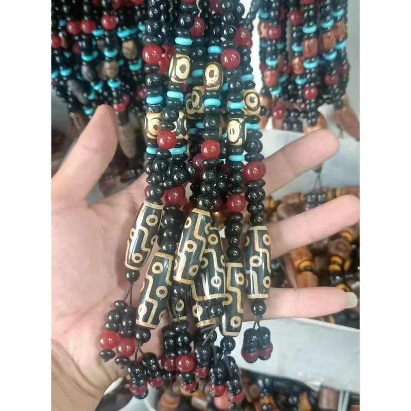 Nine-Eyed Necklace, Dzi Bead Sweater Chain, Agate Pendant