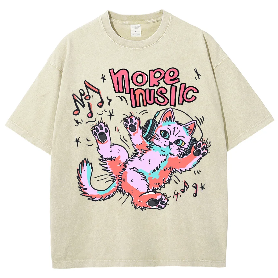 Unisex música gato gráfico lavado t-shirt, T-pescoço extragrande, rua Hip Hop, manga masculina e feminina, casal universitário, topo Y2K