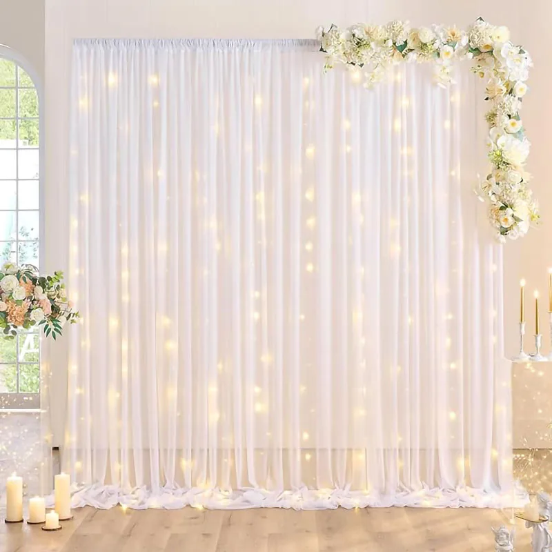 

2pcs White Background Gauze Curtain Baby Shower Wedding Party Backdrop Drape Hotel Banquet Activities Photo Background Decor