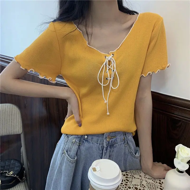 White V-neck Short Tops Tees Clothing Solid Color Loose Short Sleeve Bandage Short Fashion T Shirts Casual Sweet Women Summer