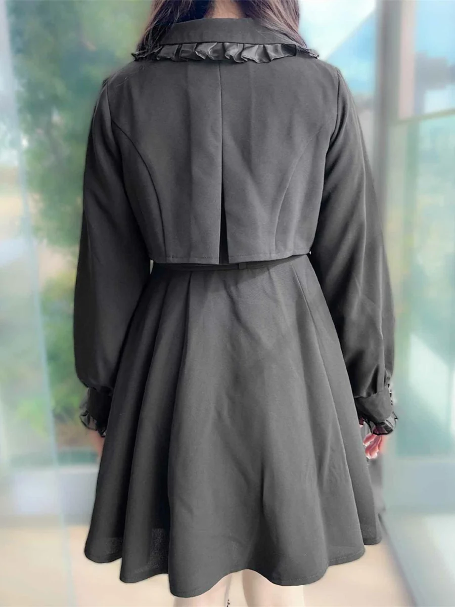 جديد خندق فستان السيدات طويلة الأكمام Vestidos شفافة مطوي الخامس الرقبة وهمية قطعتين مجموعة فساتين اليابانية Rojita Liz معطف