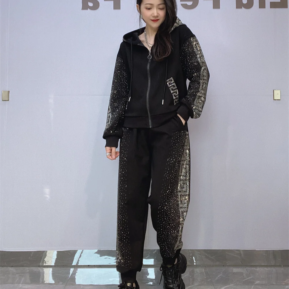 Fashion Diamonds Side Two Piece Sets Womens Outifits Casual Zipper Cardigan Autumn Tracksuit Hooded Tops and Long Pants Suits