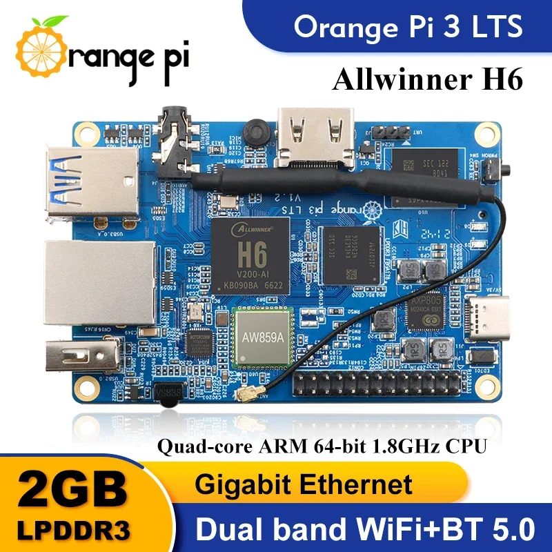 ToPESsOrange Pi 3 LTS Single Board Computer 2GB RAM AllWinner H6 8GB EMMC Development Board Computer Run Android9.0 Ubuntu Debia