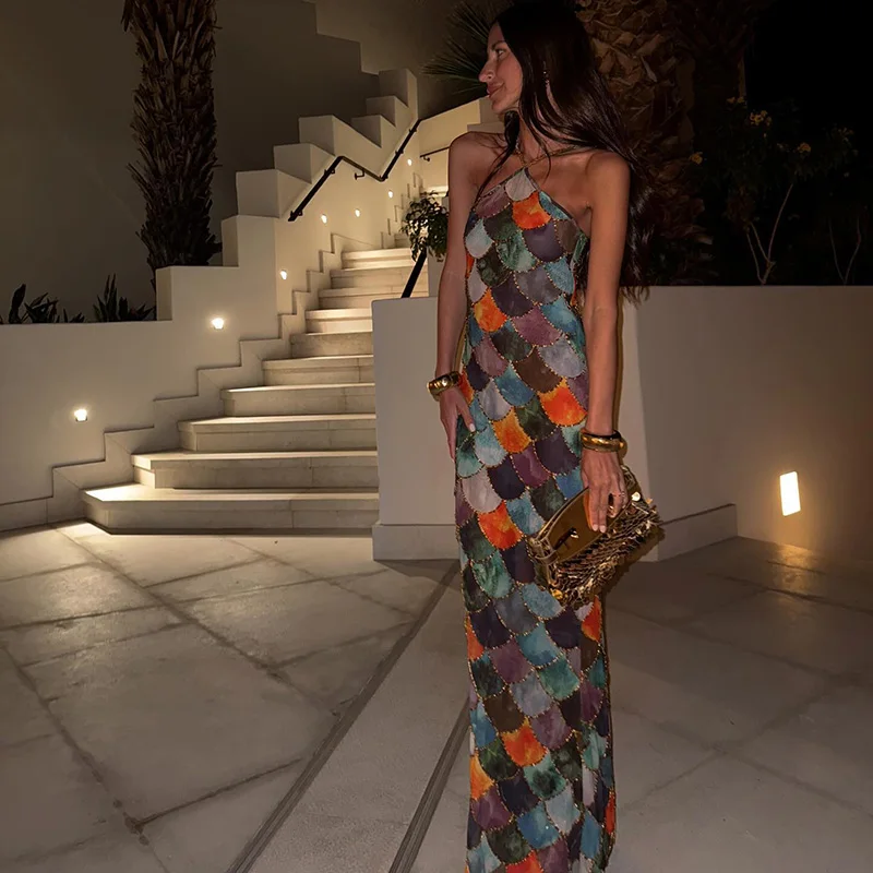 Seksowny nadruk długa sukienka wiązana na szyi damska bez rękawów Backless pakiet biodrowy kobiece sukienki imprezowe 2025 wiosna lato Lady błyszczące szaty nowość