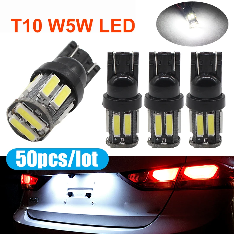 

50Pcs W5W 10 7020 SMD Car T10 LED 194 168 Panel Lamp White Bulbs For Clearance Lights Wedge Replacement Reverse Instrument 12V