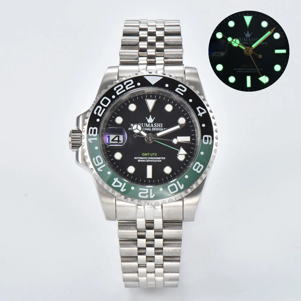 40 มม.หรูหราผู้ชายธุรกิจนาฬิกา GMT นาฬิกา NH34 คอกซ์ BEZEL และของแท้ญี่ปุ่น NH34 การเคลื่อนไหวอัตโนมัติที่กำหนดเองโลโก้