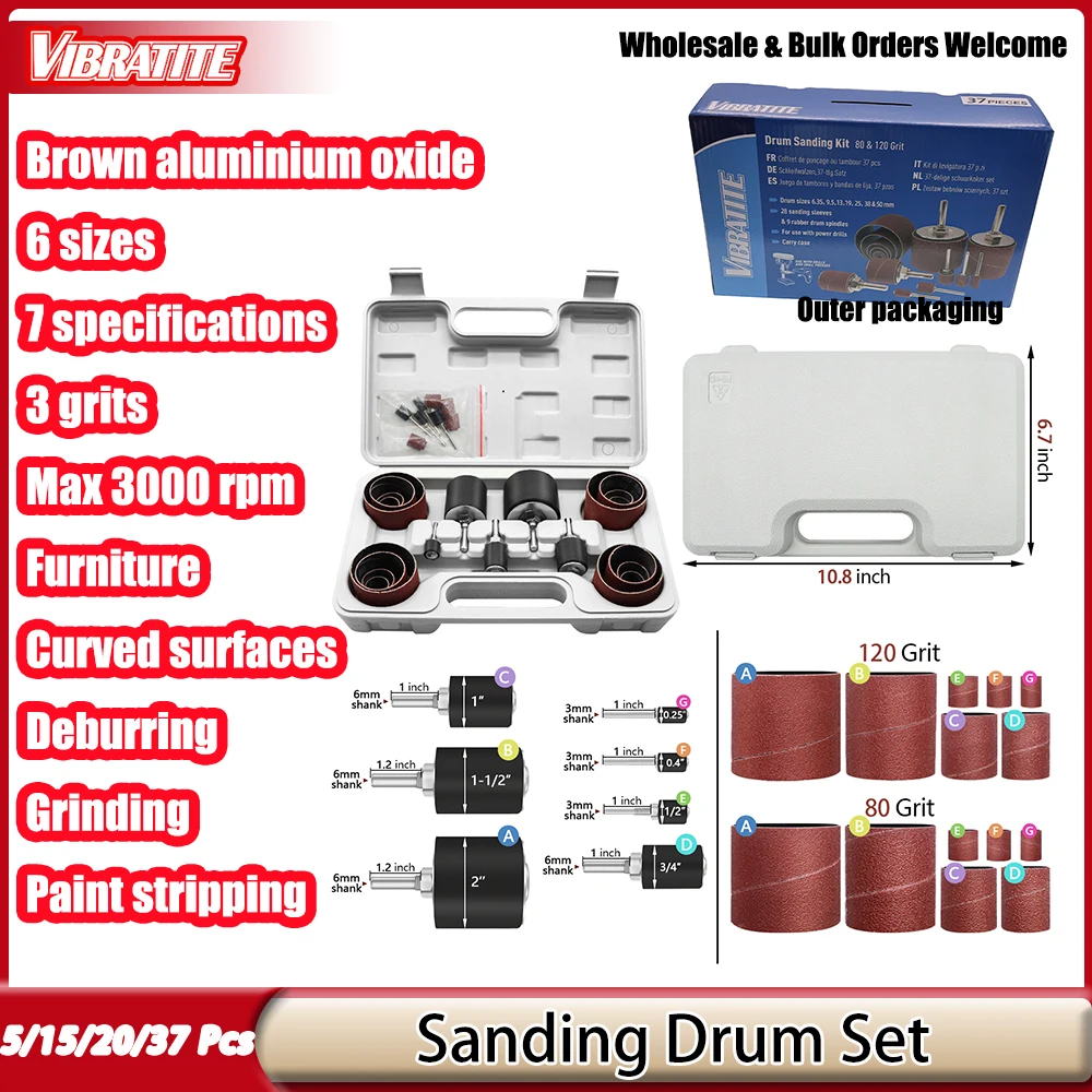6/12/20/37Pcs Drum Sanding Kit 6 Sizes 80/120/240 Grit Rubber Sanding Drum Mandrels for Wood Furniture Curve Polishing