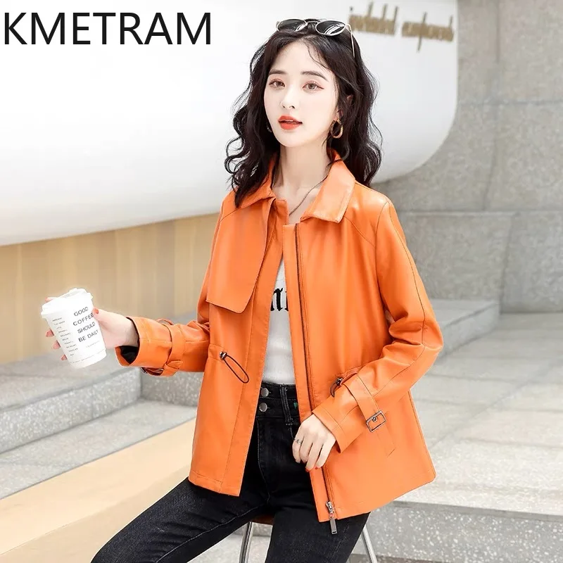 Kmetram-女性のためのシープスキンレザージャケット,短い女性の服,韓国のルーズコート,春と秋