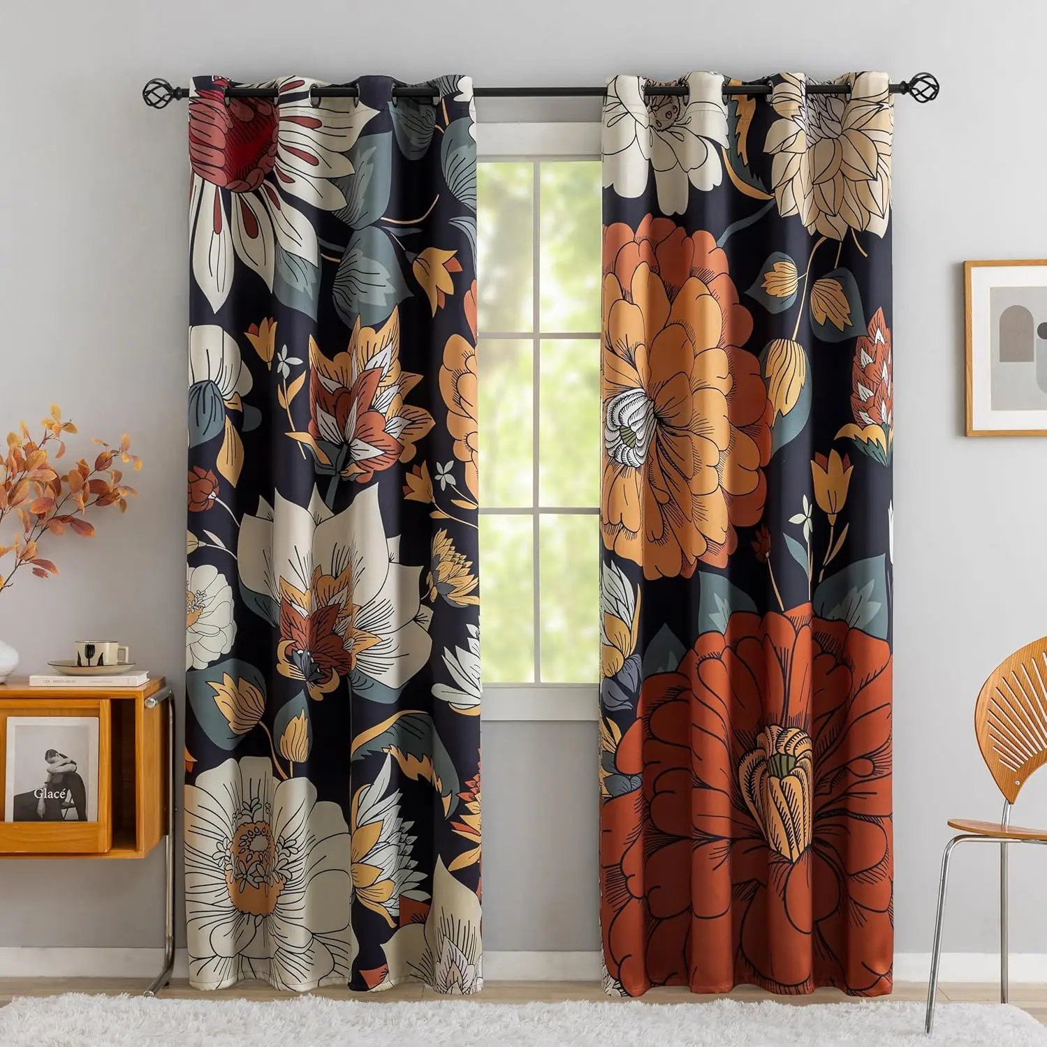 

Blackout Curtains for Bedroom 72 Inch Long 2 Panels Boho Floral Room Darkening Window Drapes with Grommets,52Wx72L
