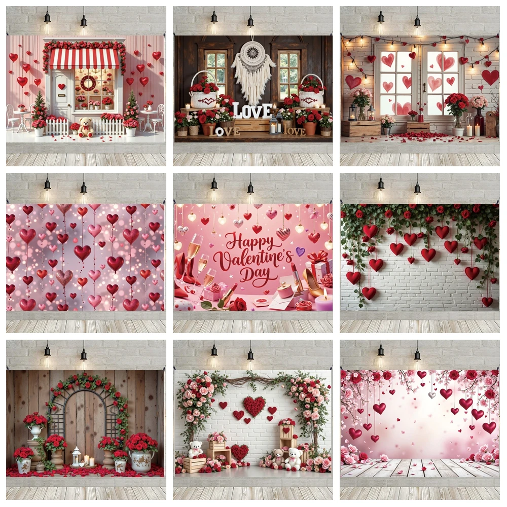 

MOON.QG Valentine's Day February 14 Backdrop Heart Wreath Potted Roses Cabinetry Backgrounds Lover Photography Accessories Photo