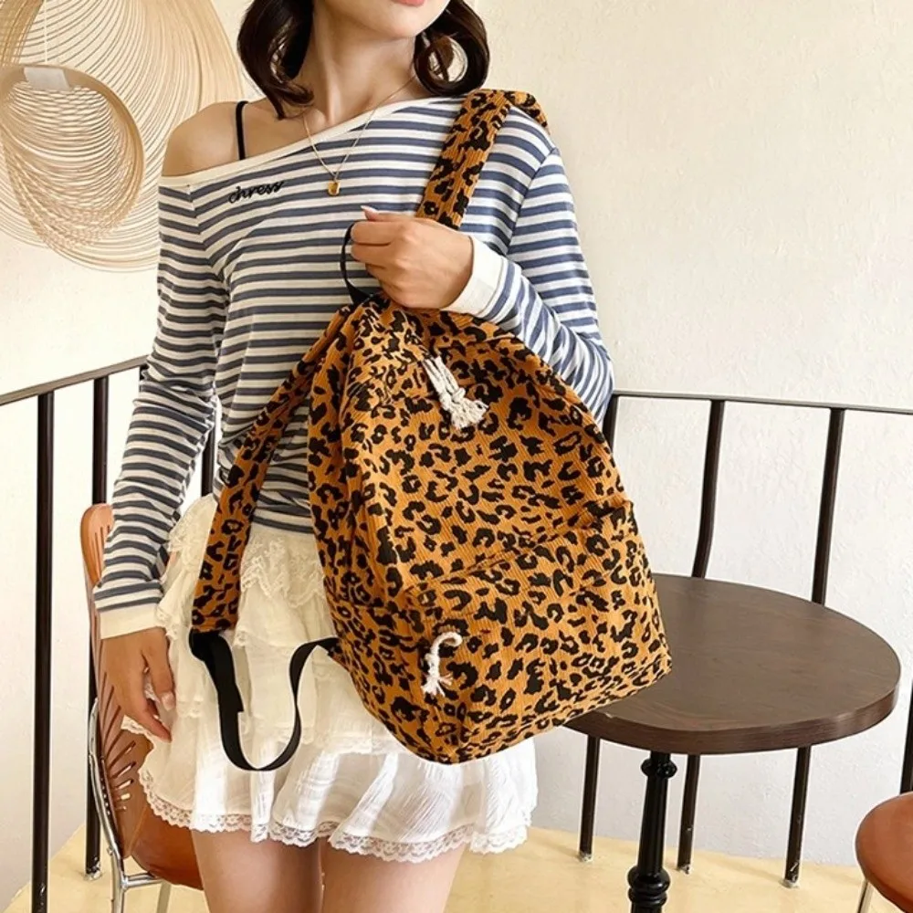 Corduroy Leopard Print Backpack Lightweight Ulzzang Students School Bag Korean Style Adjustable Shoulder Straps Students Daypack