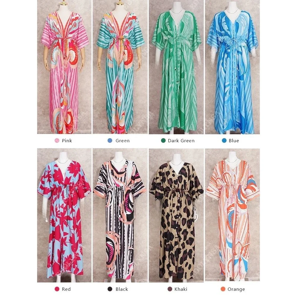 Abito Lungo Boho con Stampa, Cintura, Sexy, da Spiaggia, Casual, Primavera-Estate, Gonna a Linea A, Senza Colletto, in Poliestere...