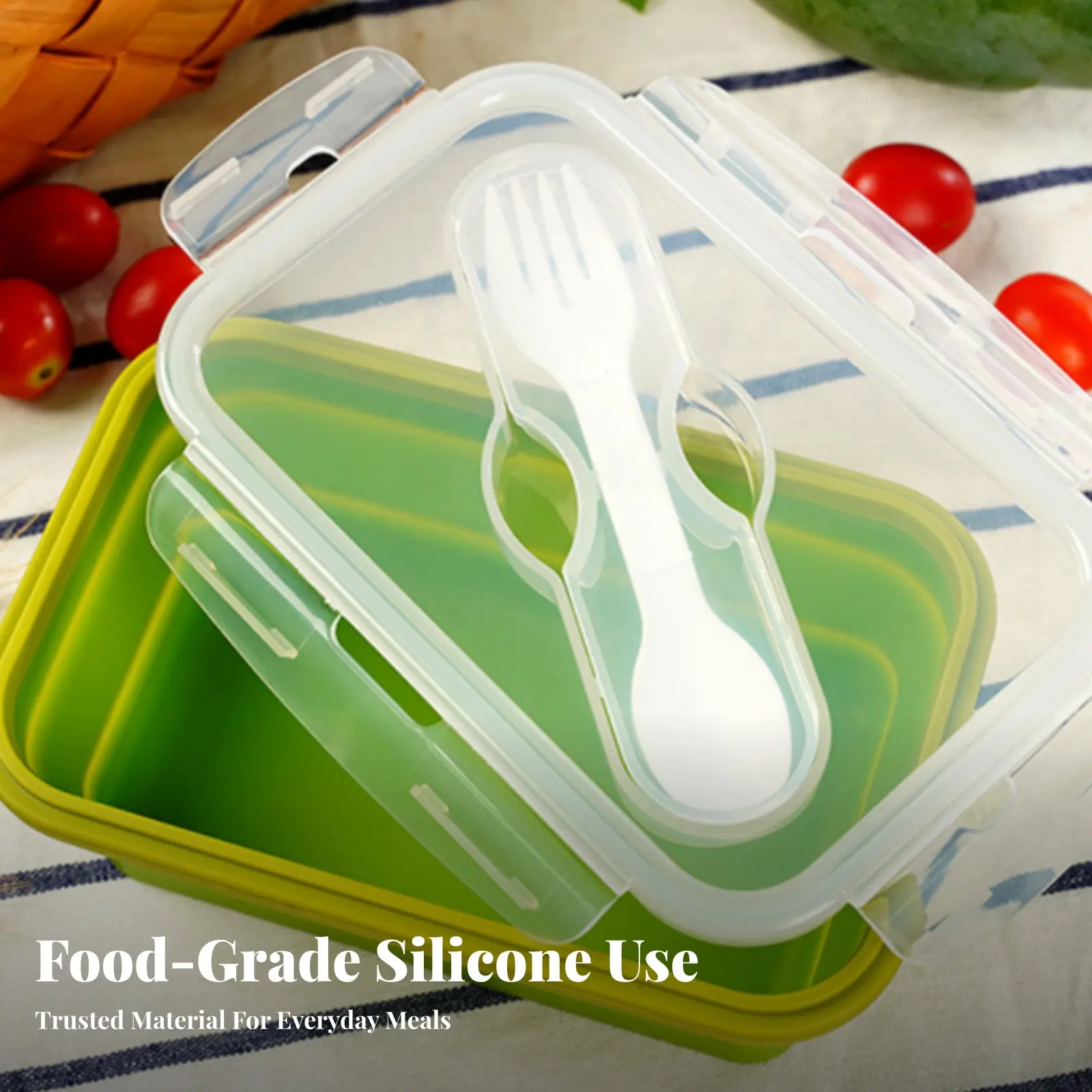 Lunch Box for Office Workers, Food Grade Silicone, Rectangular, Foldable, Microwave Safe, Leakproof, Adult Bento Container view 3