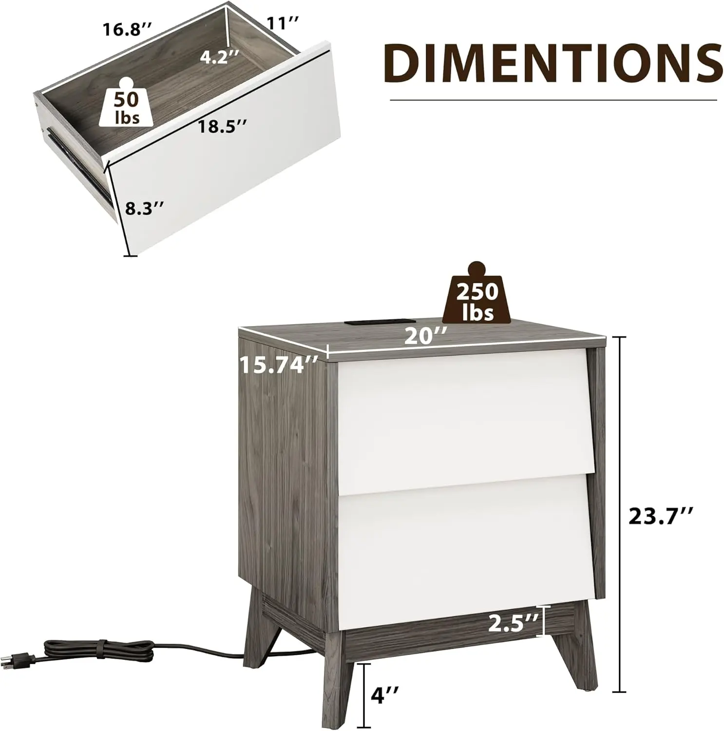 Nightstands Set of 2, Night Stand with Drawers, Side Tables with Type-C Charging Station & 2 Sleek Angled Drawers