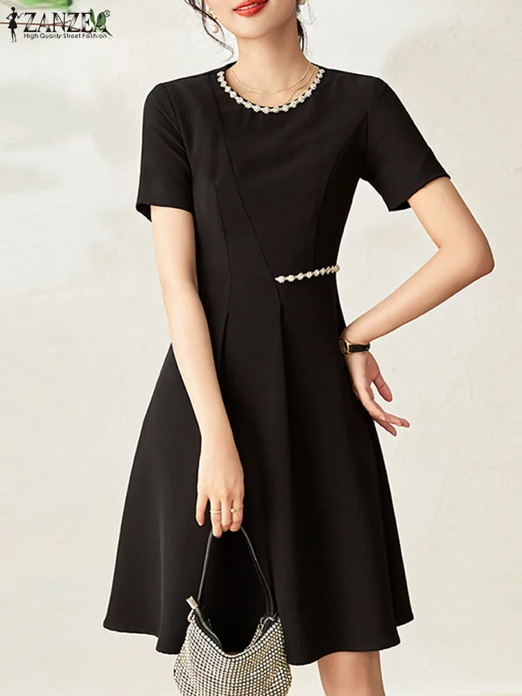 ZANZEA Fashion Summer O Neck Short Sleeve Black Dress Casual Office Lady Knee-length Sundress Women Elegant A-line Party Vestido