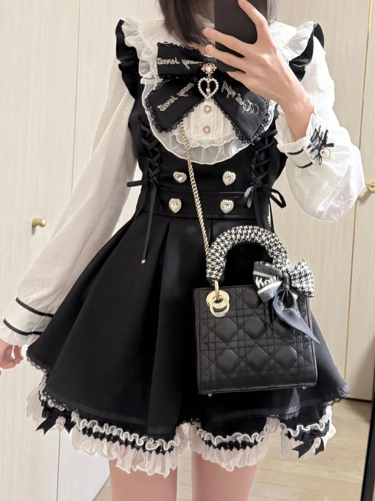 Kawaii Lolita Suits Harajuku Sweet Lace Patchwork Slim Fit Blouse + Y2k High Waist Skirts Women Spring New Black Two Piece Sets