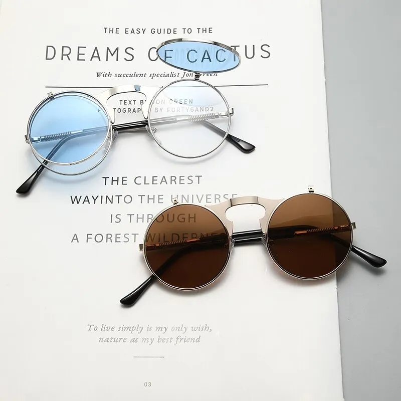 Old Metal Steampunk Flip Sunglasses Flip Men And Women Fashion Round Frames image 2