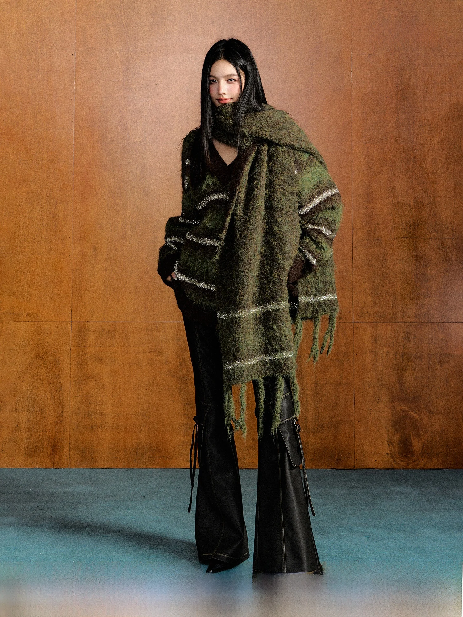 

AGAM Двойной цветной длинный шерстяной свитер Aosphere, теплый зимний adient Gold Tead, большой свитер, шарф, свободный крой для поездок на работу