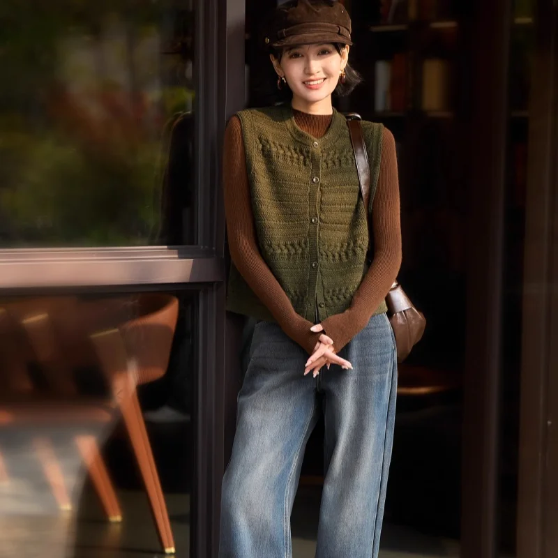Birdtree، 90% صوف الأغنام 10% سترة الكشمير، سترة نسائية محبوكة برقبة دائرية، صدرية واحدة، صدرية خريف وشتاء 2025 T5N720JF #2
