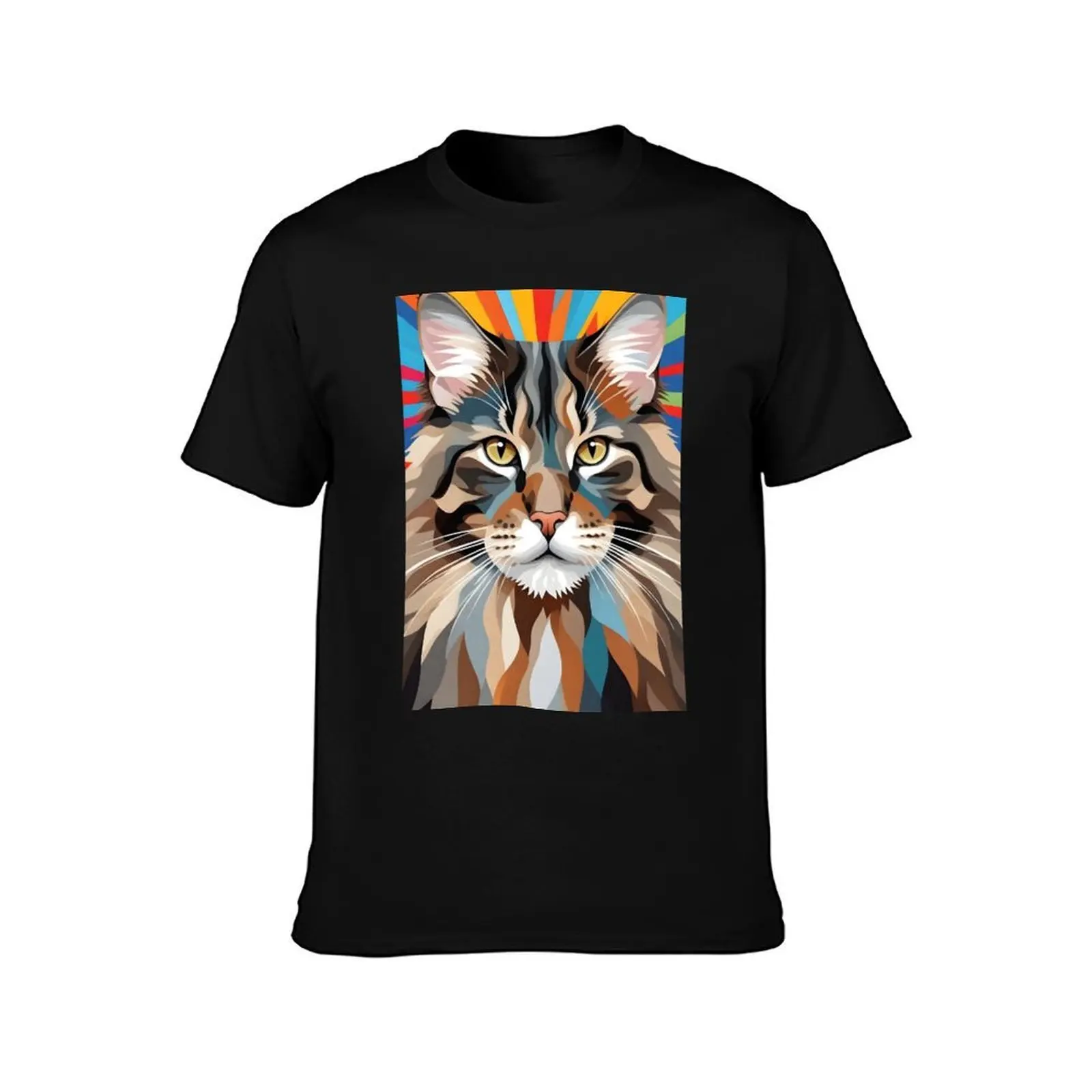 Maine Coon Art T-Shirt, Summer Casual Cotton Tee, Oversized Streetwear Tops, Vintage Graphic Print, Loose Fit Short Sleeve