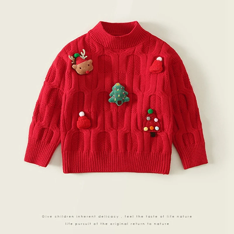 

Christmas Girls Knit Pullover Sweater with Cute 3D Santa/Reindeer Appliqués, Round-Neck Long-Sleeve Warm Top, 2-10Y, Red & White