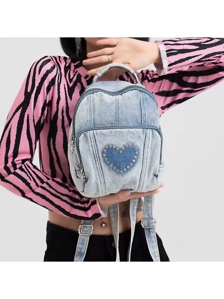 Mini Women\'s Denim Backpack New Fashion Versatile Backpack for Girl Shoulder Bag Top Handle Handbag Love Diamond Travel Backpack