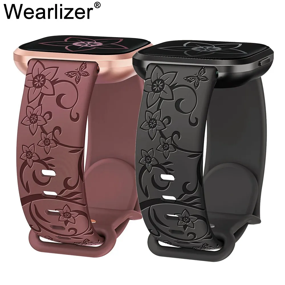 Wearlizer Wildflowers Floral Engraved Band for Fitbit Versa 2/Versa/Versa Lite/Versa SE Silicone Cute Butterflies Strap