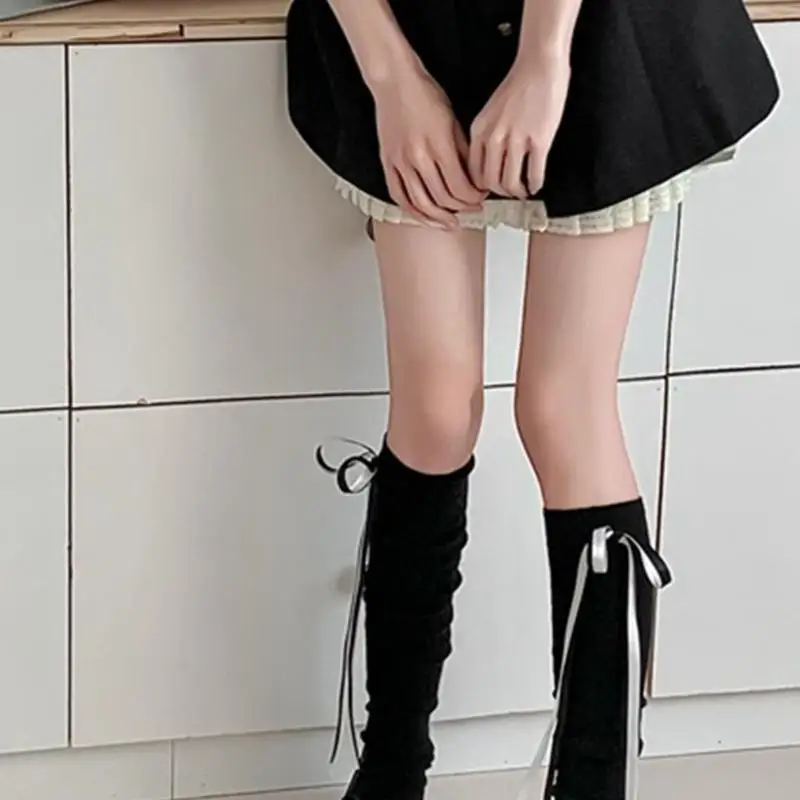 195E المرأة طويلة الشريط Bowknot جوارب السيقان الضلع متماسكة تمتد جوارب طويلة إلى الركب غطاء الساق #4