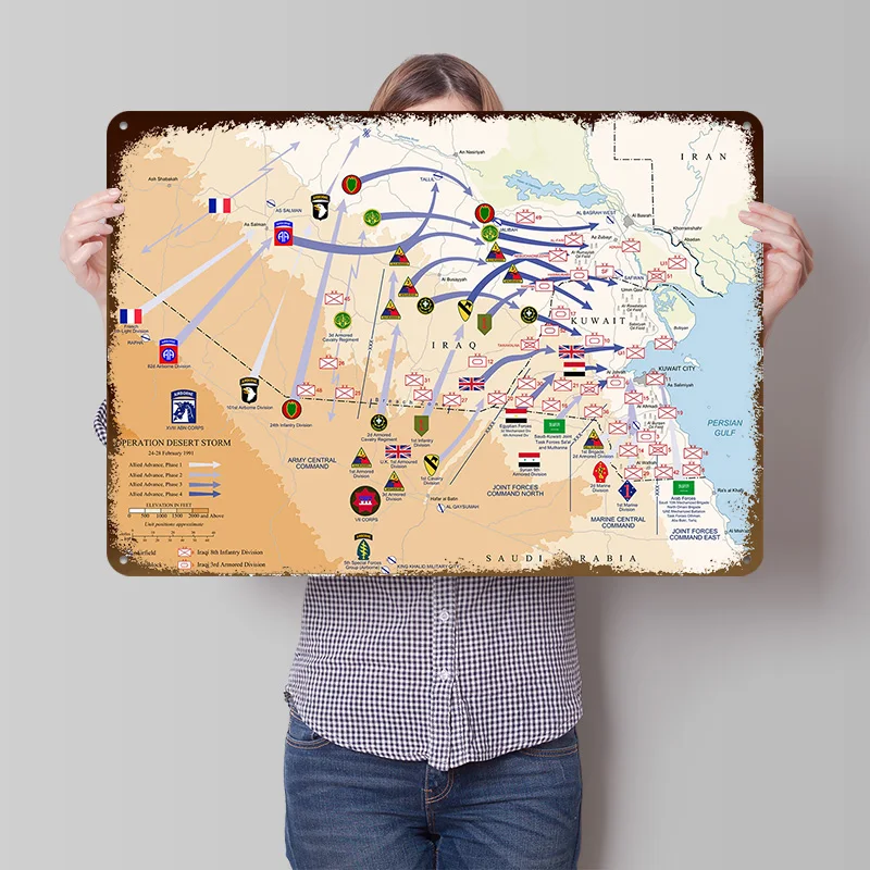 Operation Desert Storm Map Metal Poster Customized Wall Art Retro Vintage Metal Signs for Man Cave Modern Home Decoration Luxury