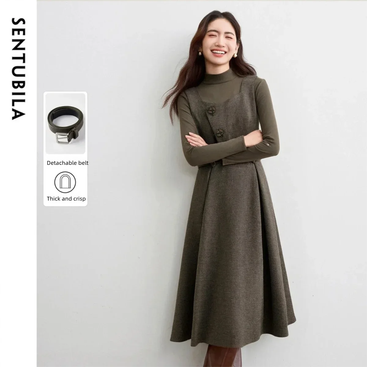 

SENTUBILA Elegant Women's Dress for 2025 Winter Detachable Sashes Bow Button Vest Dresses Commute Thick Woman Clothes 154LP5788