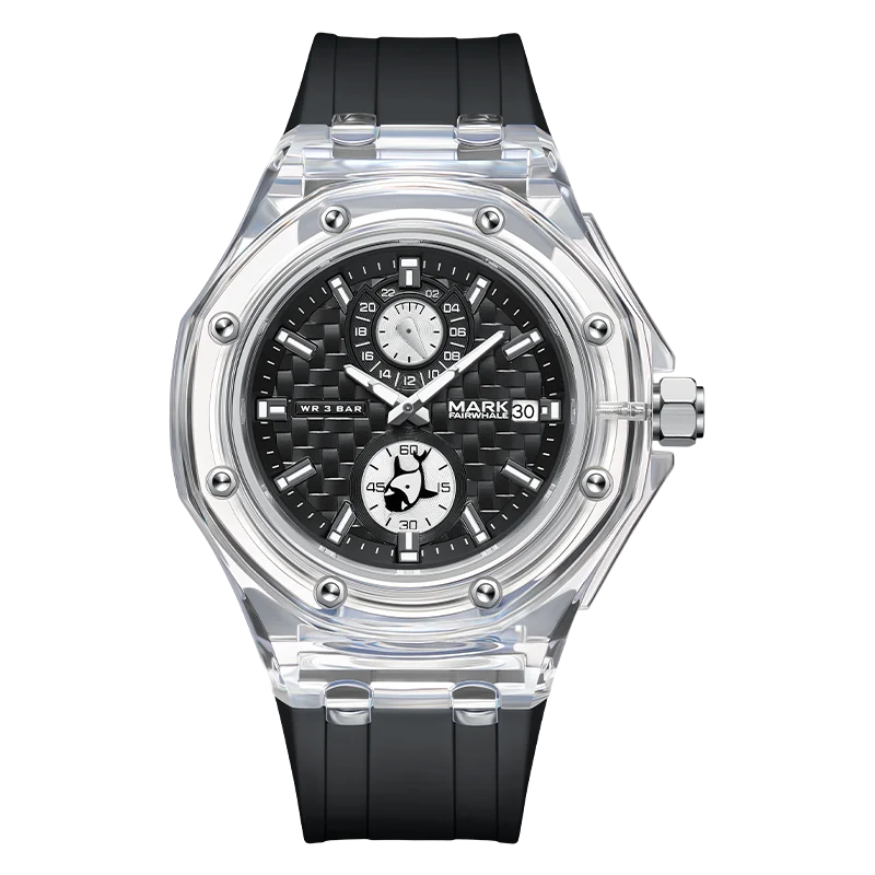 Mark Fairwhale Sport transparente acrilica Case Mens Watch Quartz Waterproof Date Luminous Watch for man reloj hombre
