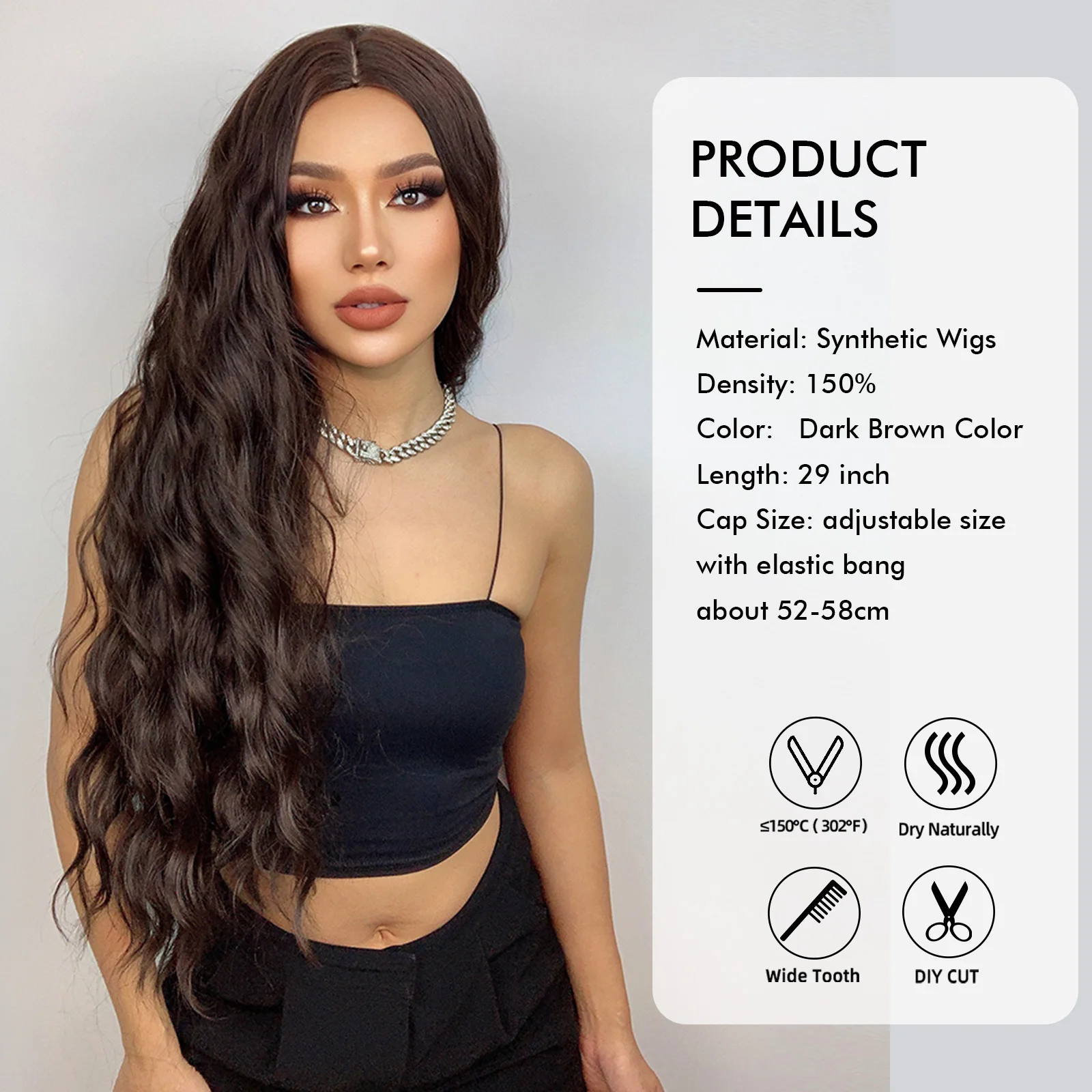 شعر مستعار مجعد اصطناعي طويل للفتيات والسيدات ، شعر متموج بالماء ، شعر متوسط بني ، استخدام يومي ، تأثيري للحفلات ، مقاوم للحرارة الطبيعية