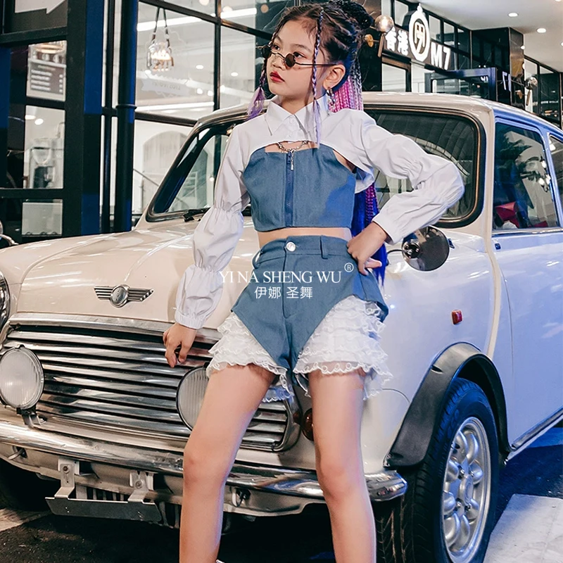 Hip Hop Street Dance Kinderkleding K-pop Podiumoutfits Blauw Wit Mode Cool Jazzdanskleding Meisjes Runway Show Kostuum