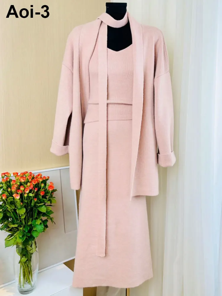 

French Elegant Knitted Suit With Belt Women 2023 Autumn Winter Fashion Loose Long Sweater Cardigan+V-Neck Vest+Skirt 3-Piece Set