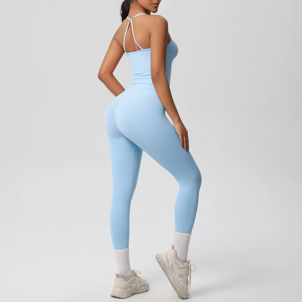 Hochelastisches, sexy, rückenfreies Yoga-Oberteil und -Hose, stoßdämpfendes Lauf-Yoga-Tanktop, einfarbige, schnell trocknende Yoga-Leggings – Detail 25