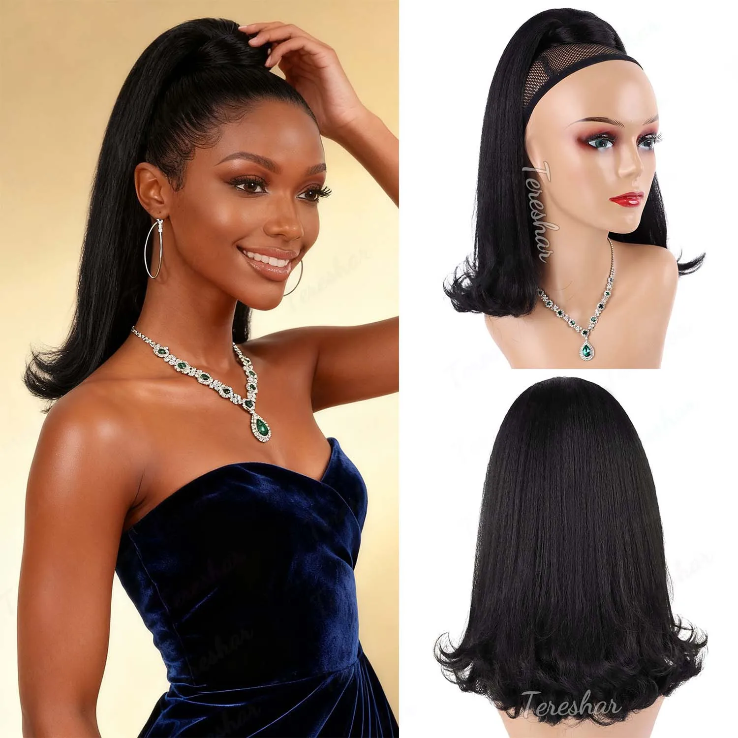 

Synthetic Ponytail for Black Women Yaki Straight Drawstring Ponytail Extension with Wrap-Around Tail,Shoulder-Length Hairpiece