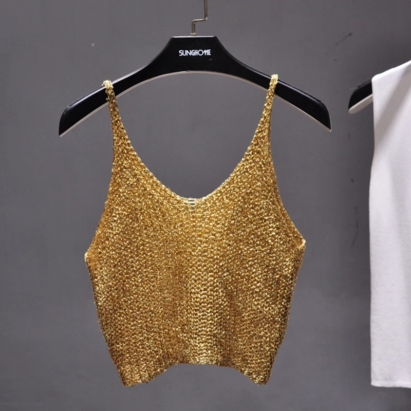 Sparkling Sequins Half Waist Render Knitwear Hollow-out Is Sexy Waist Condole Top Cropped  Sexy Streetwear   Woman Tops Summer