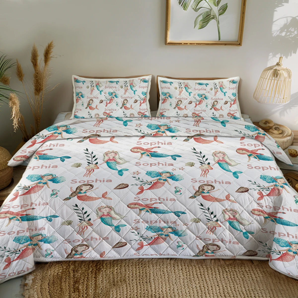 

3PCS Lovely Little Mermaid Design Quilt Set for Boys Girls Kids Comfortable Comforter Set With 2 Pillowcases Home Decor