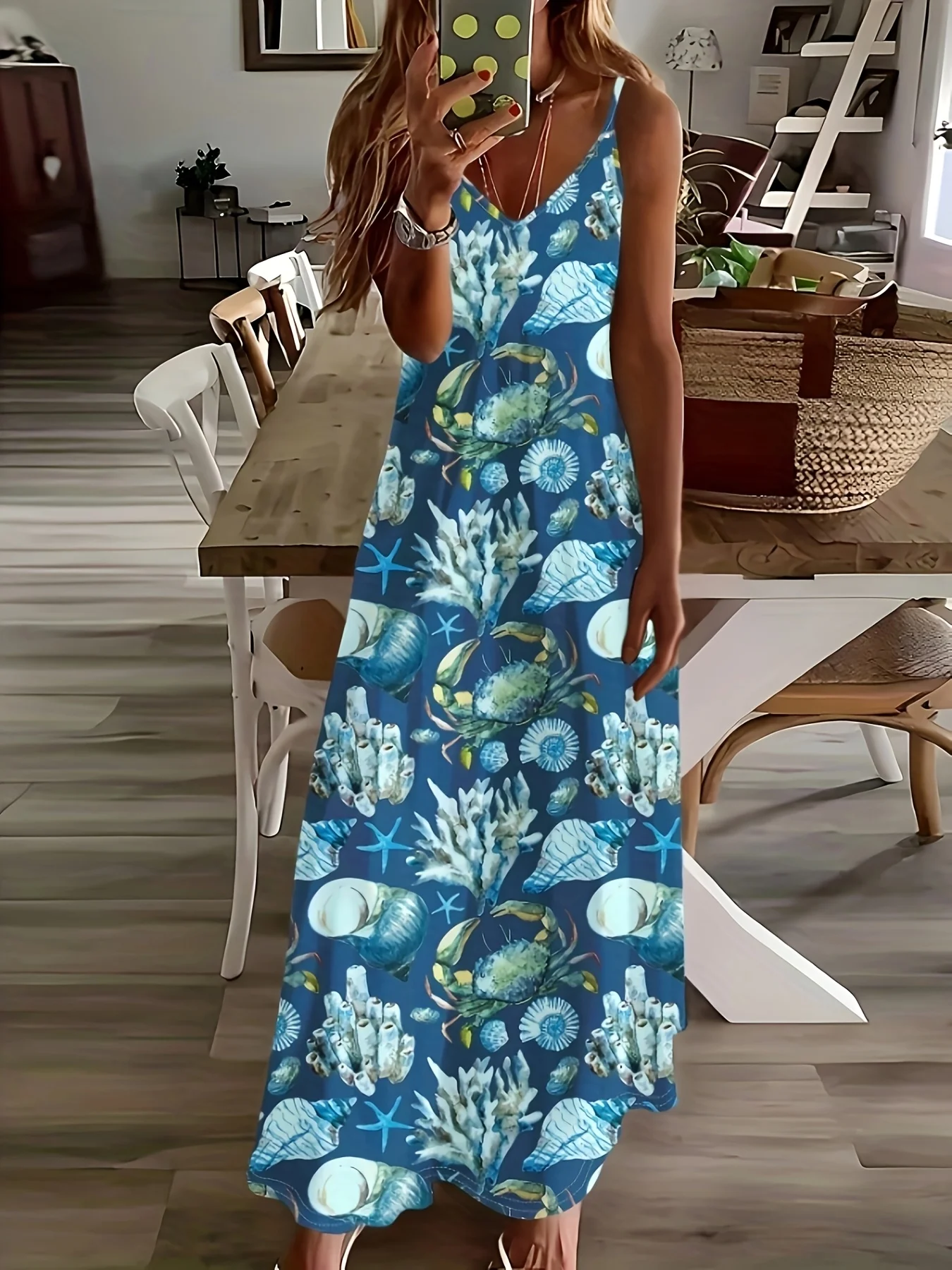 Vestido Largo de Tirantes Finos con Estampado Tropical de Conchas, Corales y Olas para Mujer, Ideal para Vacaciones, Playa, Fiestas y Uso Casual