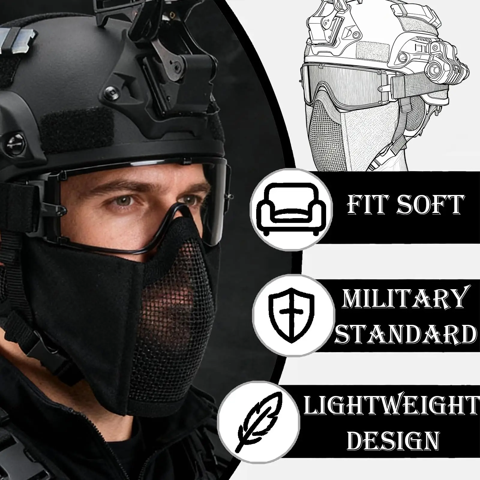 Full Set of MICH Tactical Helmet Kit Airsoft Protective Equipment with Steel Mesh Face Mask Flashlight for Paintball Cosplay